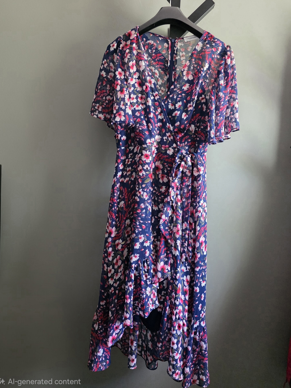 Calvin Klein Navy Floral High-Low Wrap Dress with Pink Accents